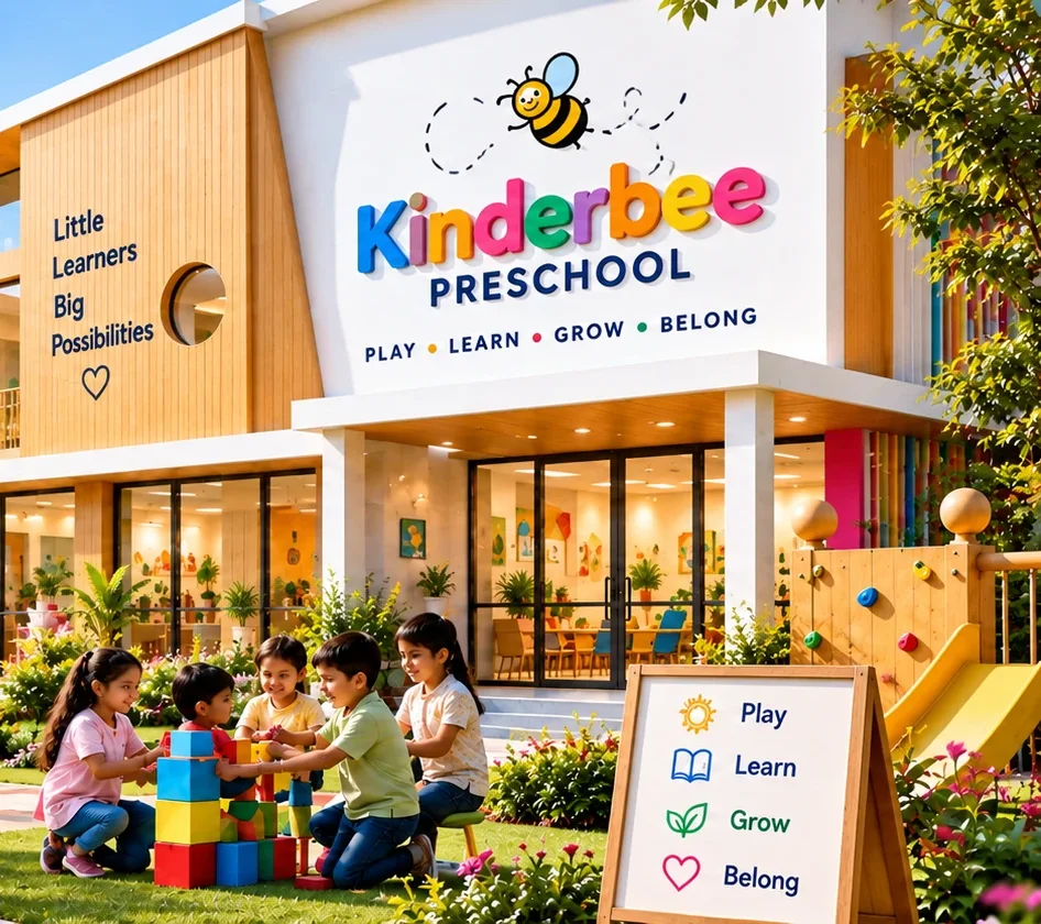 Kinderbee Preschool campus with children playing outside